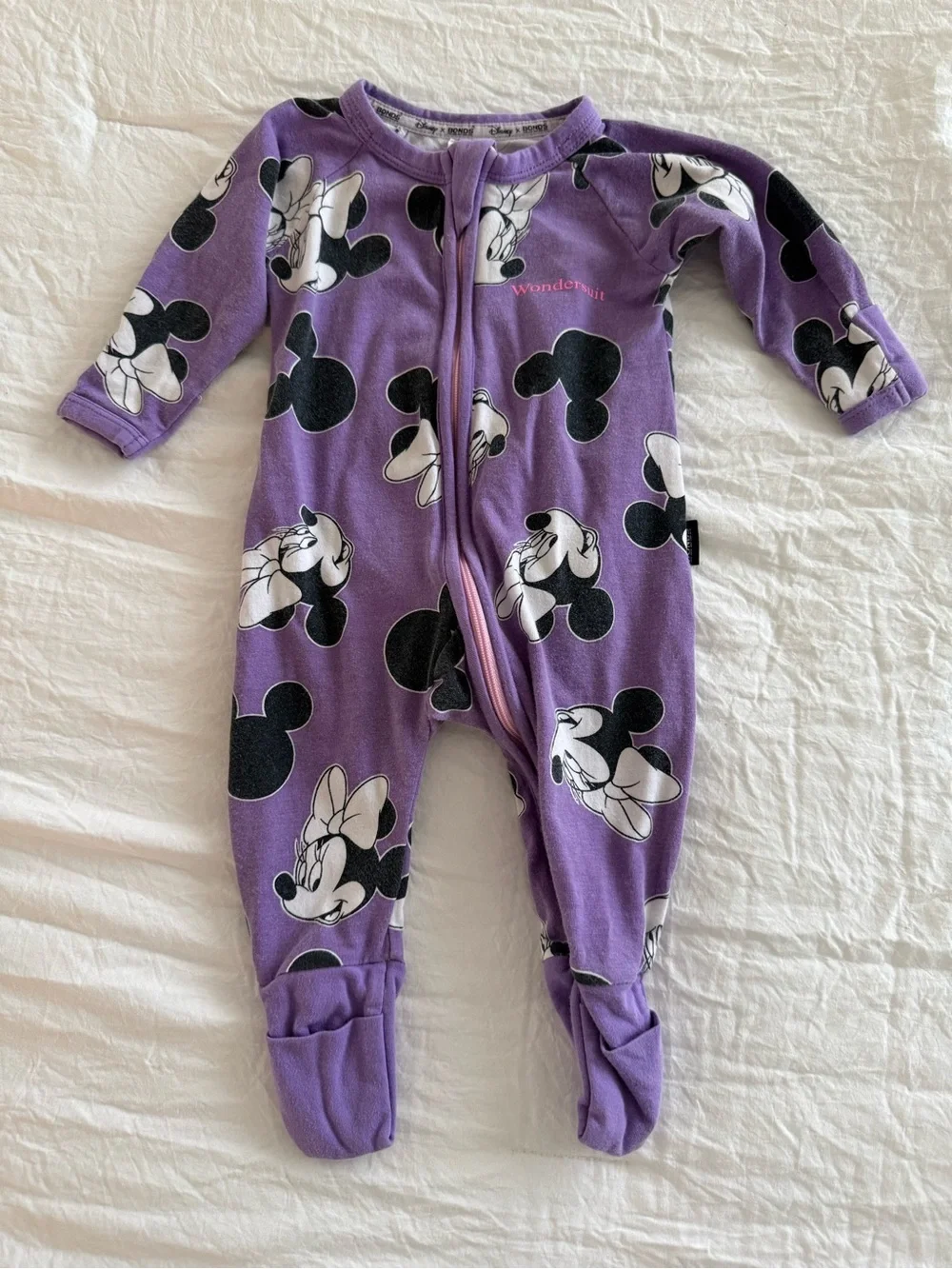 Disney x BONDS Purple Minnie Mouse Wondersuit One-Piece Sleeper size 000 (0-3m)